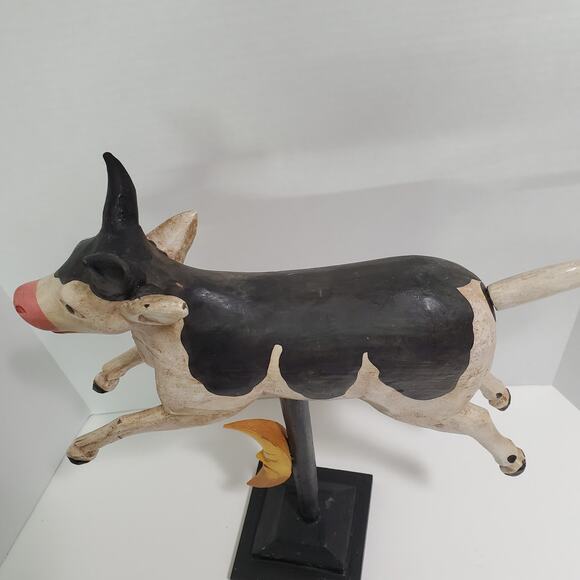 Set of 2 Flying Pig & Cow Jumped Over Moon Carved Wood Figurines Folk Art Vtg? - Picture 7 of 16